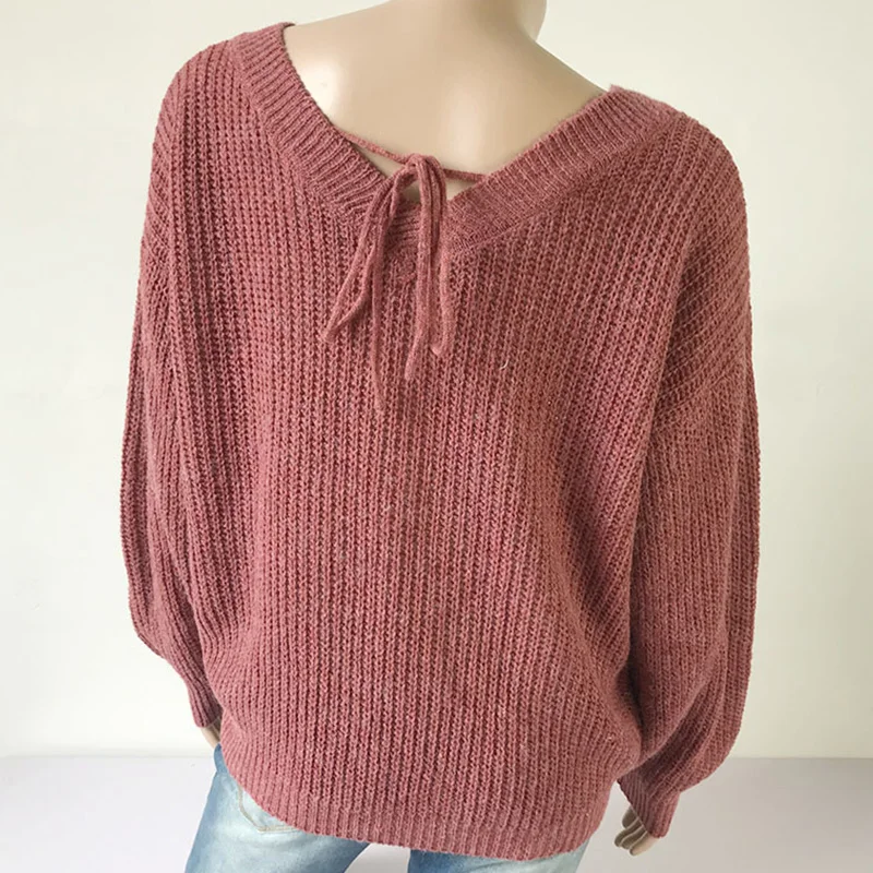 

QUEVOON Casual Women's Sweaters V-neck Lace up Back Long Sleeve Pullovers Oversized Knit Sweater Autumn Clothes Ladies Knitwear