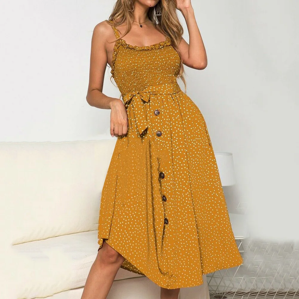 

Women Summer Ruffles Polkas Dot Dress Ladies Beach Casual Sleeveless Midi Sundress JAN88