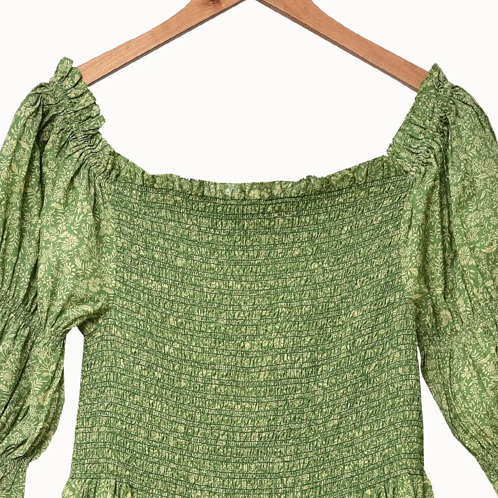 

2020 Spring Summer Women Backless Maxi Dress Pleated Flower Print Puff Sleeve Square Collar Beach Style Waist Lady Long Dress