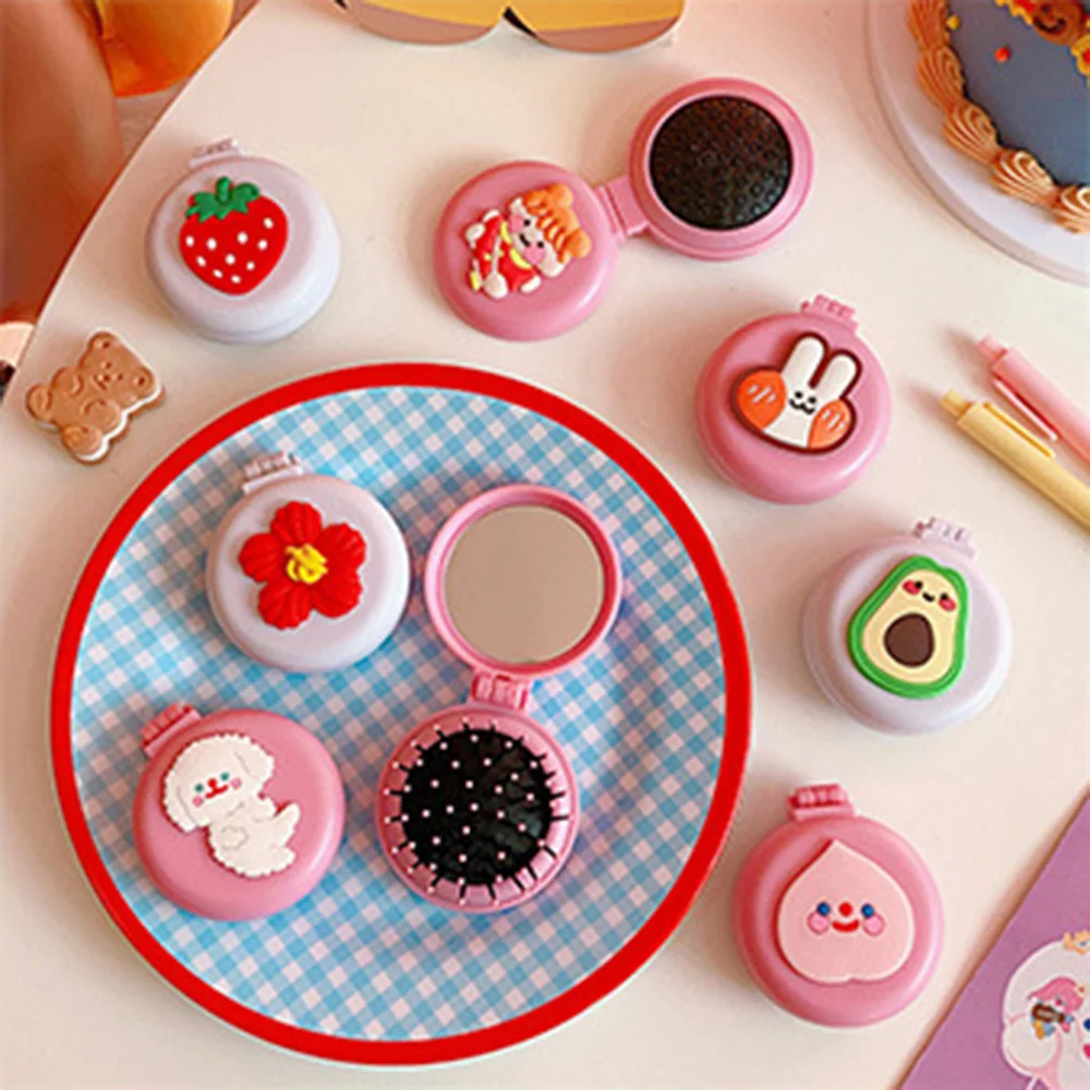 

Beauty Cute Cartoon Small Red Flower Air Cushion Comb Mirror Rabbit Avocado Pattern Mini Portable Airbag Foldable Mirror
