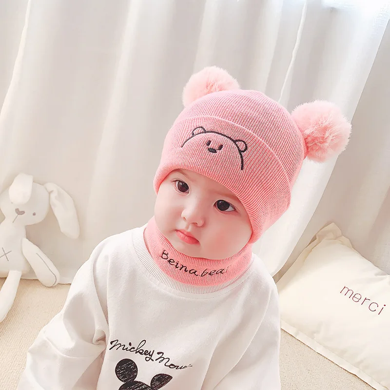 2Pcs Toddler Winter Hat Baby Girls Boys Cute Cartoon Warm Knitted Wool Hemming Beanie Cap+Scarf Keep Set Kids Scarf |
