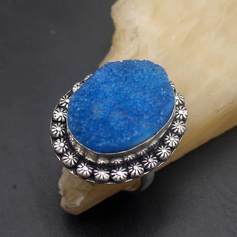 Оригинальный дизайн овальной формы винтажная голубая Друза 925 пробы серебряный