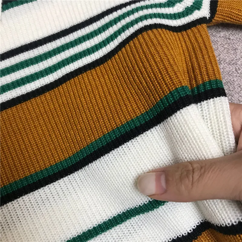

Luxury Designer Brand Knitted Sweater for Women Vintage Turn Down Collar Color Matching Striped Long Sleeve Pullover Sweater