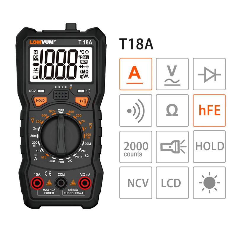 T18A LOMVUM мультиметр True RMS 6000 отсчетов Высокоточный цифровой мультиметр NCV умный мультиметр Авто Диапазон AC/фонарик постоянного тока - Цвет: T18A