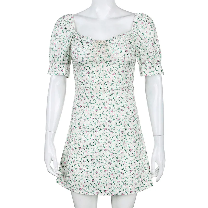 

Summer Dress Chiffon Retro Boho Women's Tie Neck Floral Print Mini Sexy Dresses For Women Puff Sleeve Beach Robe Vestidos 2021