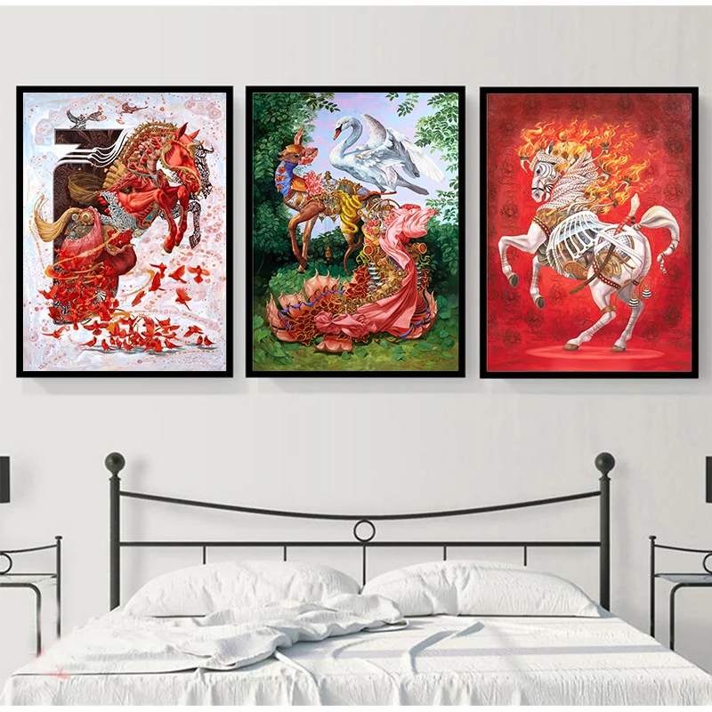Королевский Красный Белый бегущий лошадь Лебеди олень Мультяшные плакаты