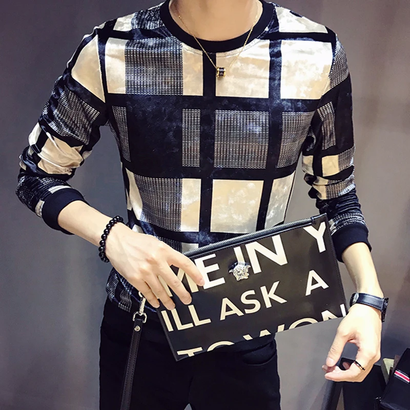 Мужская облегающая Вельветовая футболка с длинными рукавами и круглым вырезом