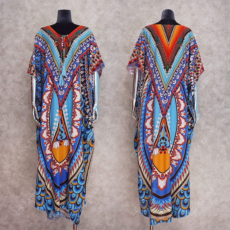 Женское Хлопковое платье туника синее пляжное кафтан с V образным вырезом и