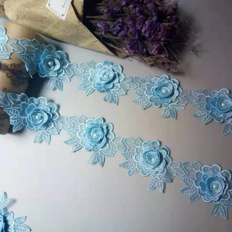 

2 ярд растворимый синий с цветами роз и жемчугом шифон вышитая кружевная отделка Лента из ткани ручной работы винтажное свадебное платье шитье ремесло