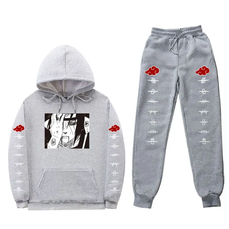 

Fleece Men sets Japanese streetwear Hoodies Sets Anime Itachi Uchiha Hoodie trousers Keep warm sweat homme Sets