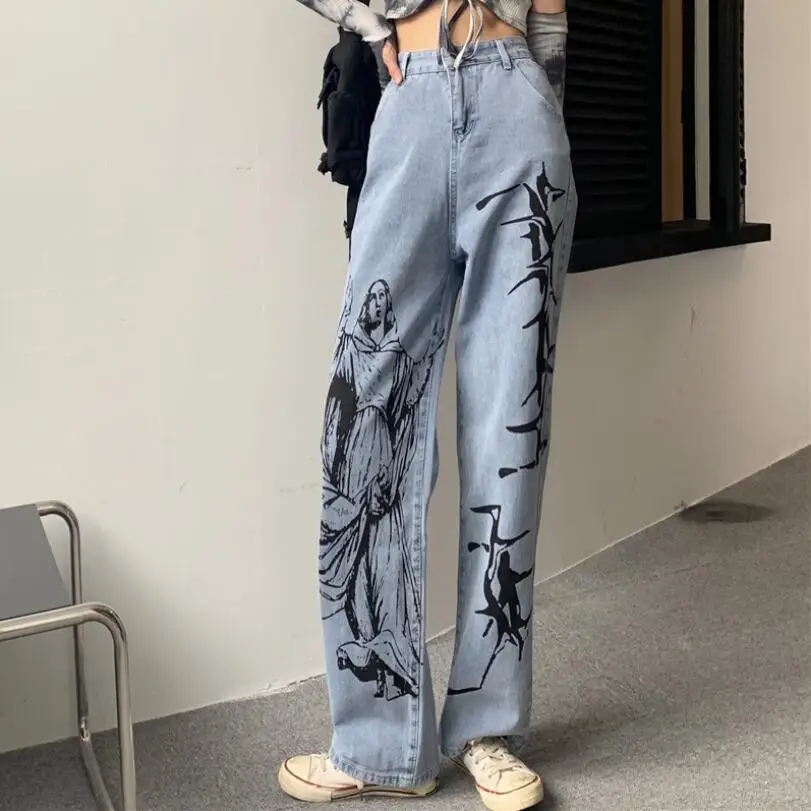 

Women's Jeans 2021 Autumn Fashion Trend Printing High Waist Straight Denim Pants Harajuku Boyfriend Baggy Y2K Denim Trouser w278