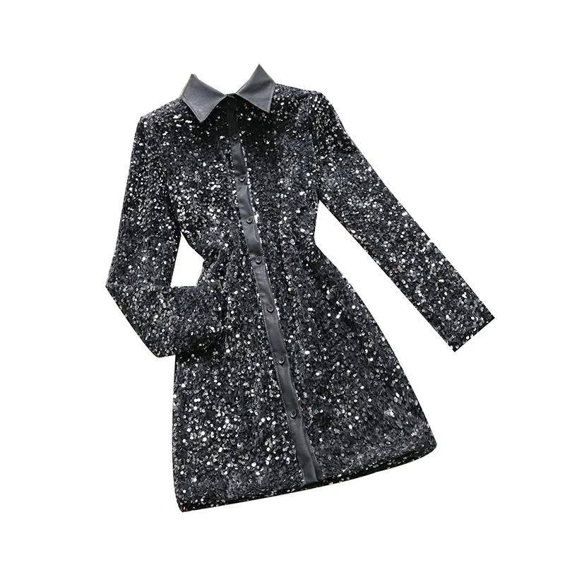 

2021 spring new sequins sheath dress women stand collar single breasted dress female Chic elegant tight buttocks dresses