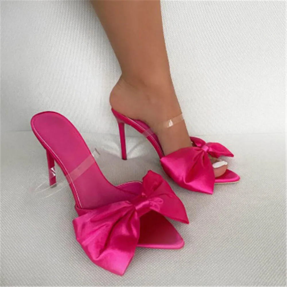 

New Shoes Women's Large Bow-Knot Sexy Slippers Pointed Toe High Heel Stiletto Pumps Dress Party Ladies Slides Size 35-41 Black