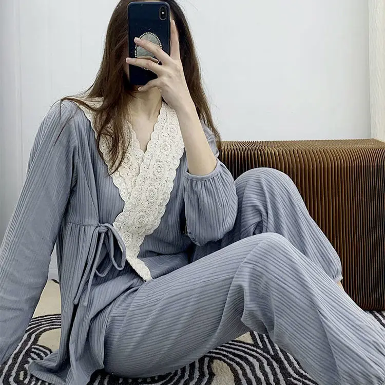 Kimono Pajamas Plus Size Japanese Pajamas Thin Long Sleeve Pajamas Set Spring Autumn Princess Sleeved Lace Home Clothes