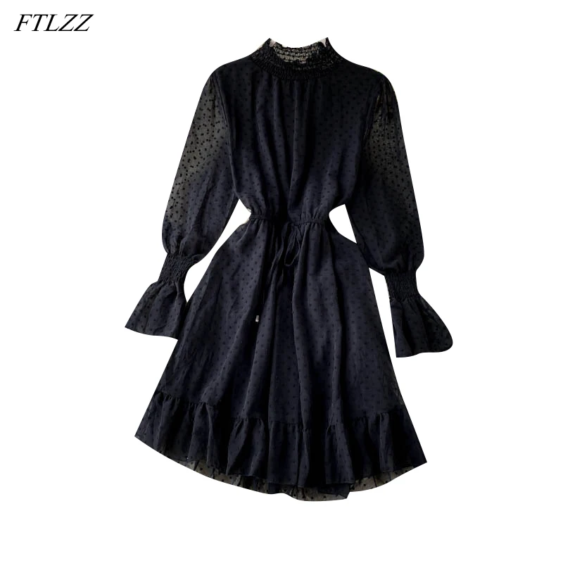 

FTLZZ New Autumn Vintage Stand Collar Puff Sleeve Dress Elegant Women Lace Patchwork Black Chiffon Dress