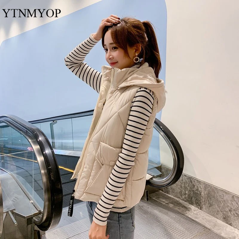 

Женский короткий жилет YTNMYOP, однотонный жилет с капюшоном, модная куртка без рукавов с карманами, пальто для осени и зимы