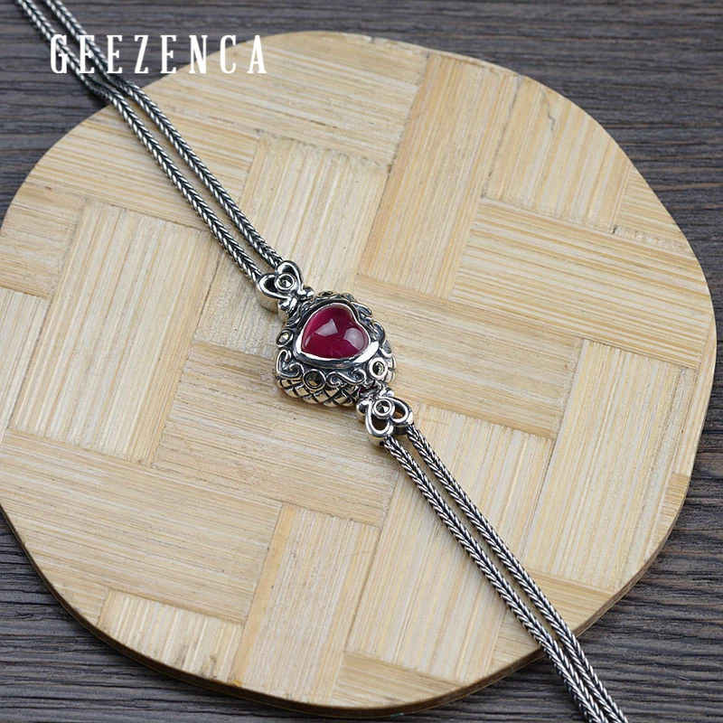 Винтажный Красный корундовый браслет в форме сердца из тайского серебра 925 пробы