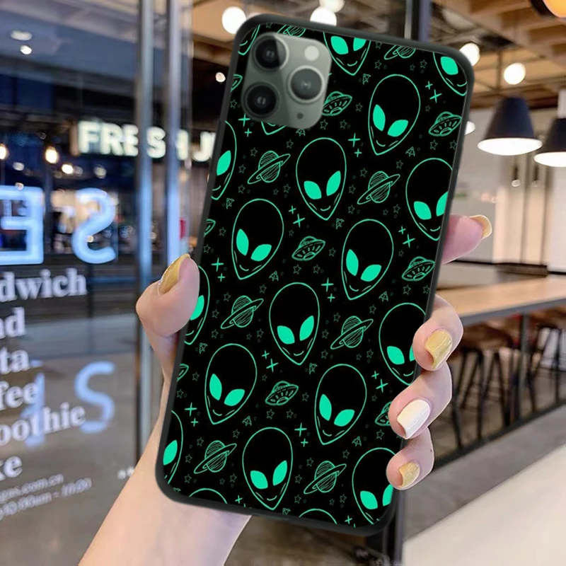 

Aesthetic Cartoon Alien Space Black Back Cover Phone Case For iPhone 12mini 6 6S 7 8 Plus 11 12 Pro Max XR XS MAX Silicone Cover
