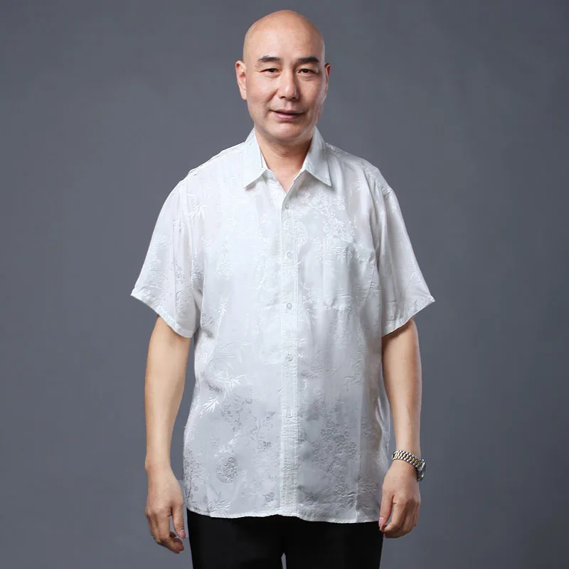 

Middle aged and old men's summer 100 mulberry silk Hangzhou silk shirt middle aged dad Short Sleeve Silk Shirt