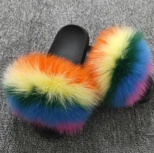 

Hot Fur Slippers Women Fox Home Fluffy Sliders Comfort With Feathers Furry Summer Flats Sweet Ladies Shoes Size 45 Home Shoes