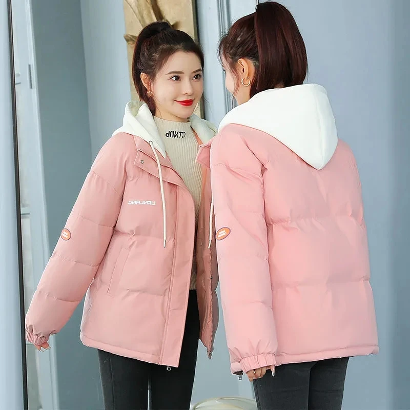

2022 Winter Women Jacket Warm Parkas Female Fake Two Cotton Padded Short Jacket Hooded Outwear Loose Student Coat Overcoat