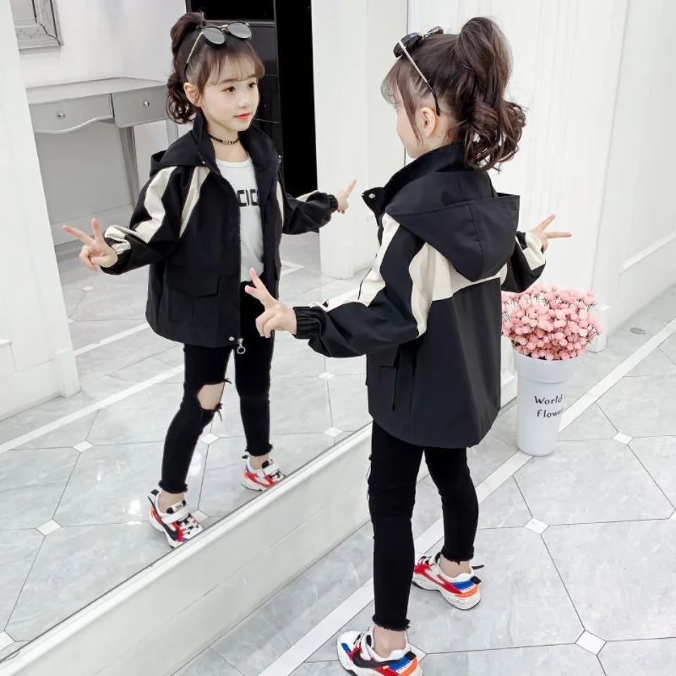 

2 Colors New Hooded Spring Autumn Girl Jackets Outwear Fashion Soft Warm Trench Coat For 3-12Yrs Teenage Girls Autumn clothes