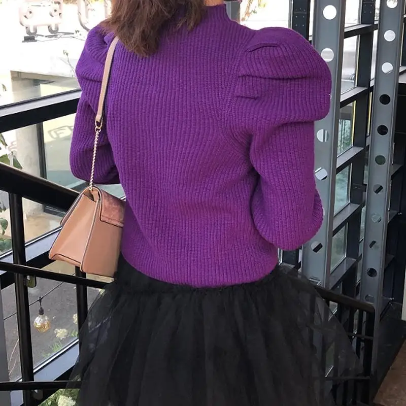 Винтажный женский длинный свитер с пышными рукавами Зимние новые фиолетовые