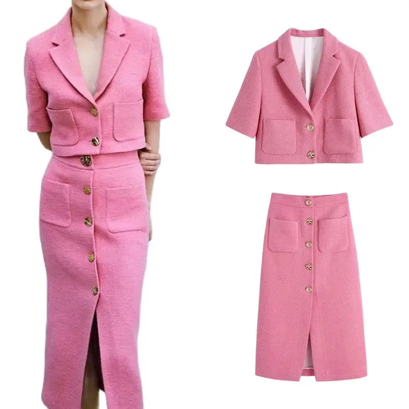 

2021 Za Women 2 Piece Set Suit Blazer Vintage Texture Short Sleeve Coat Office Blazer And Elegant High-Waisted Skirt Female