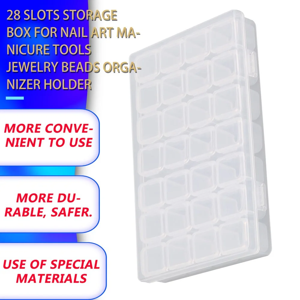 

Plastic 28 Slots Beads Jewelry Holder Empty Storage Box for Nail Art Manicure Tools Jewelry Display Case Organizer