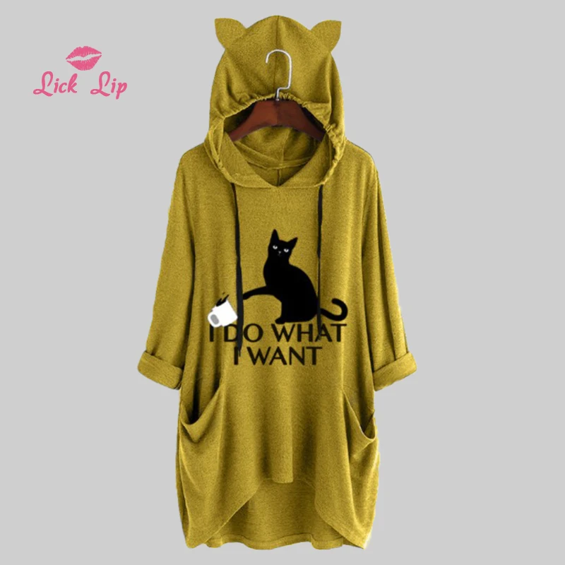 Lick губ 3XL 4XL 5XL большой размер ночная рубашка с капюшоном и принтом кота длинная