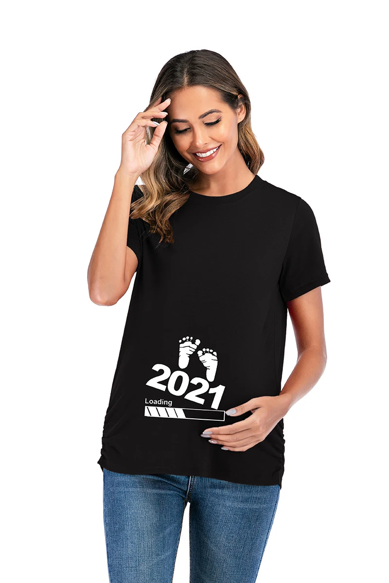 

Plus Size Pregnant Women Tees 2021 Summer BE Women T-shirts Slim Maternity Funny Letter Tops Fashion O-Neck Pregnancy T Shirts