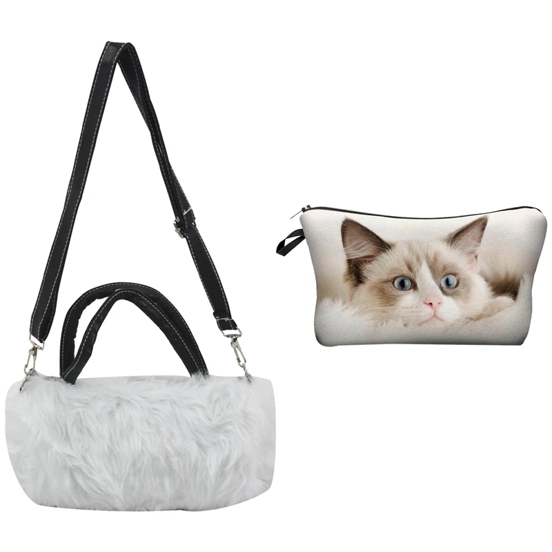 

1 Pcs Pretty Cute Lovely Plush Fur Hairy Handbag Shoulder Bag (White) & 1 Pcs Cute Pattern Pouch Travel Case(Beige Cat)