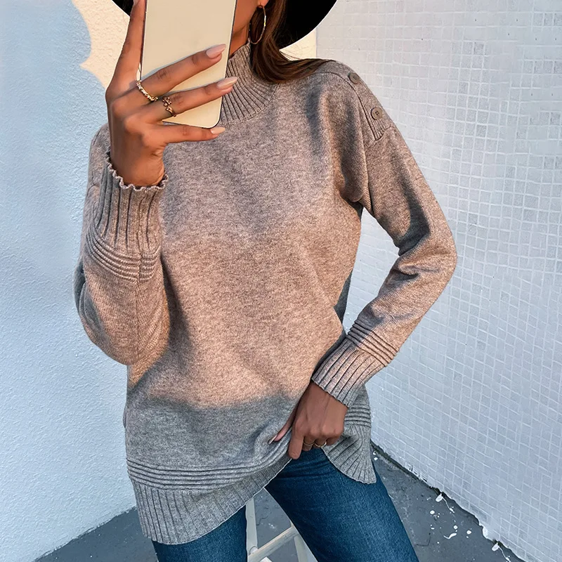 

2021 Autumn Winter New European and American Half Turtleneck Hem Split Knitted Pullover Top Shoulder Buckle Sweater for Women