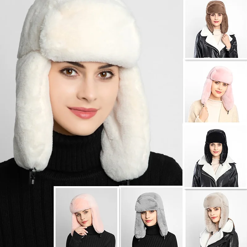 

Thicken Ear-Flapped Hats Winter Ski Hat Warm Earmuffs Faux Fur Lei Feng Cap Russian Bomber Caps for Men Women