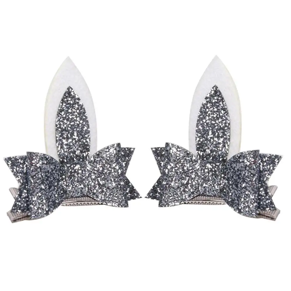 Rabbit Ear Silver 2 шт./компл. милый Заколки для волос для девочек, с блестками радужные Войлок Ткань цветы заколки для волос с украшением в виде кошачьих ушек зайчика заколки детские аксессуары для волос - Цвет: Rabbit Ear Silver