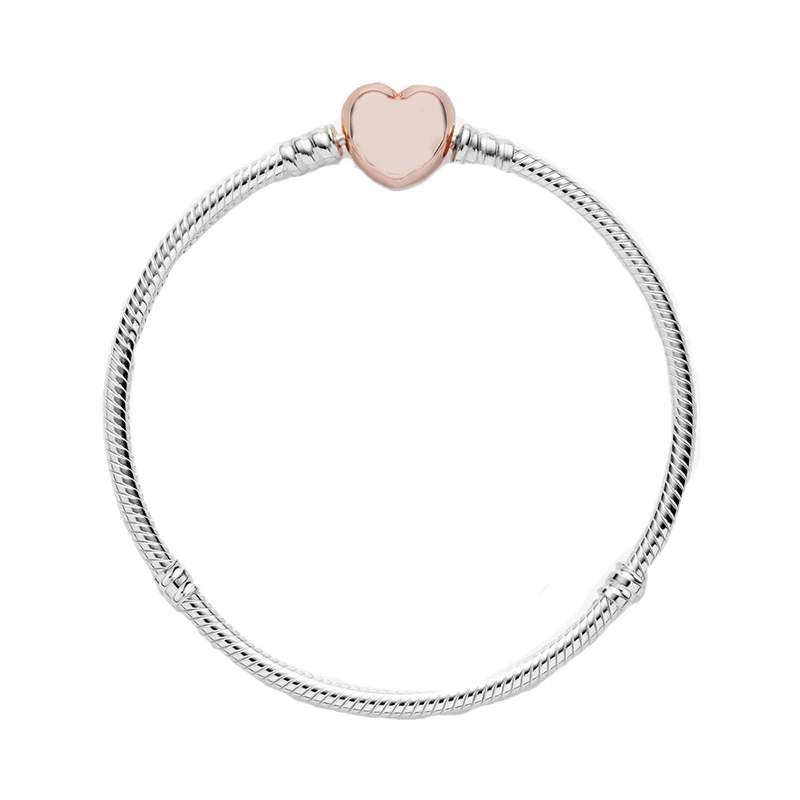 

Moments Heart Clasp Snake Chain Bracelet New 100% 925 Sterling Silver Rose Heart Bracelet Fit European Charms Diy Jewelry
