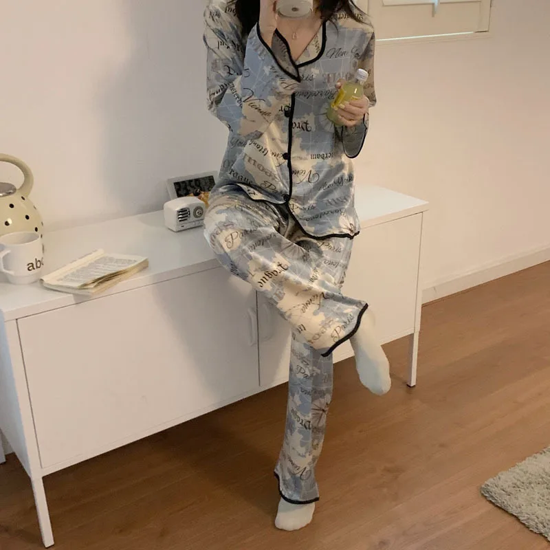 QWEEK Women's Home Clothes Pajama Sets Striped Cartoon Print Loose Pyjamas Home Wear Summer Pijama Lounge Wear Sleepwear Silk