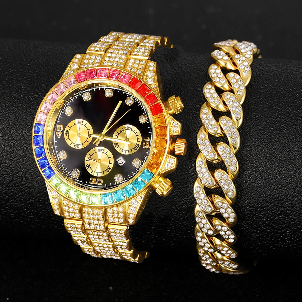 Rhinestone Watch Women Men Luxury Full Micro Pave Iced Out Colorful stones Cubic Zirconia Stainless Steel 3 Eyes Watches Men