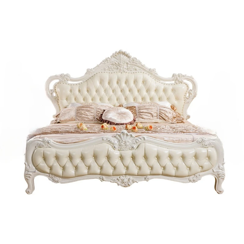 Европейская кровать двойная французская кожаная деревянная Резная Кровать