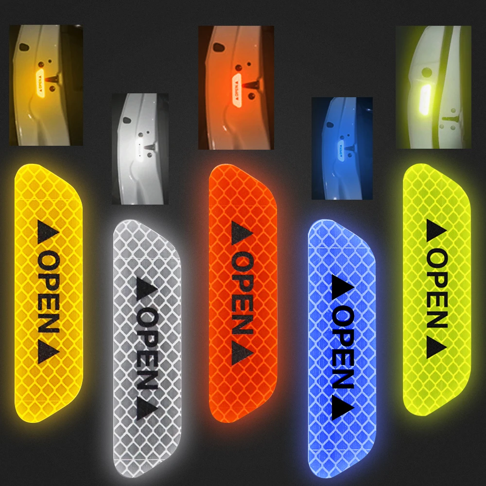 

4PCS/Set Car Door Stickers Universal Tape Safety Warning Mark OPEN High Reflective Tape Auto Driving Safety Reflective Strips