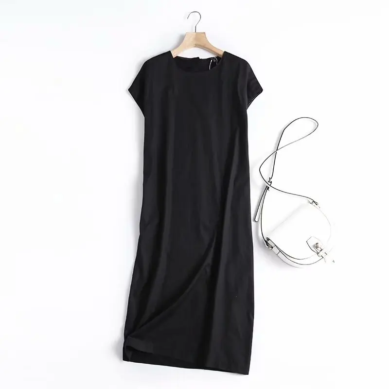 Женское однотонное платье с круглым вырезом простое Свободное длинное