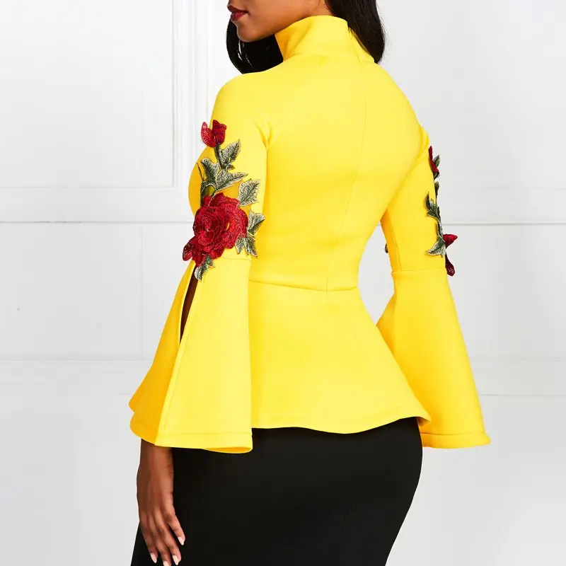 Women Blouse Yellow Tops Shirts Flare Long Sleeve Slim Party Wear Summer Modest New Fashion Elegant Lady Drop Shipping |