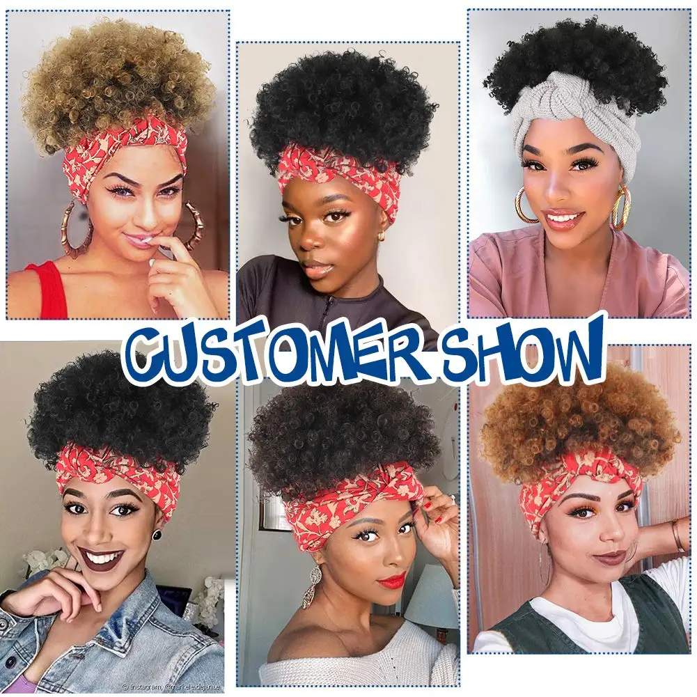 

Synthetic Short Curly Afro Wigs for Black Women Wrap Wig 2 In 1 High Puff Drawstring Ponytail Grey Headband Kinky Curly Wig