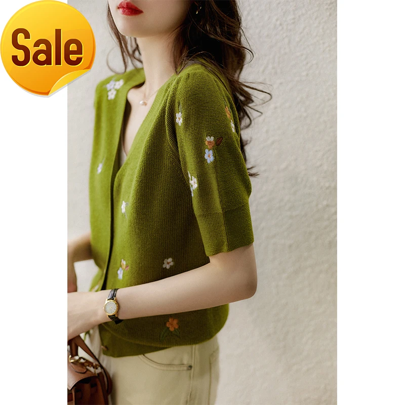 

Pavilion heavy industry embroidery floret wool delicate hand feel V-neck knitted cardigan thin women's