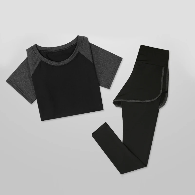 Black-trousers Сексуальный комплект для йоги, для фитнеса, женская футболка для бега+ дышащие штаны, одежда, леггинсы, для йоги, спортзала, тренировки, спортивный комплект, комплект для йоги - Цвет: Black-trousers
