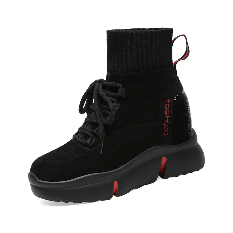 

2021 женские ботинки-носки с вышивкой, женские повседневные ботинки на платформе, Осенние новые женские вязаные короткие ботильоны на танкет...