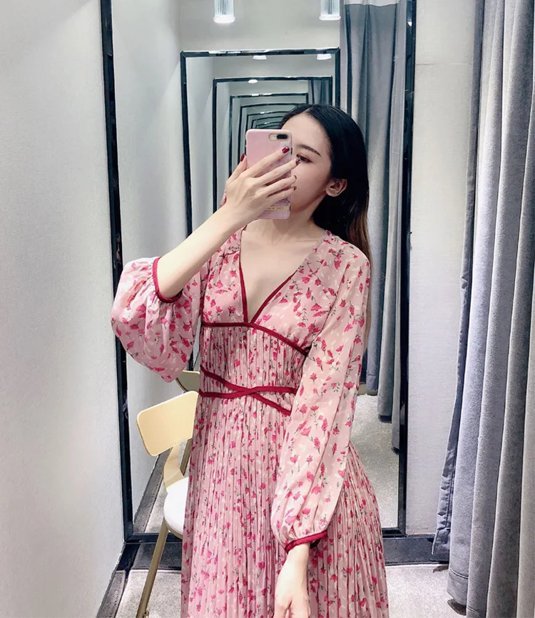 Осеннее романтическое женское шифоновое платье с цветочным принтом сексуальное