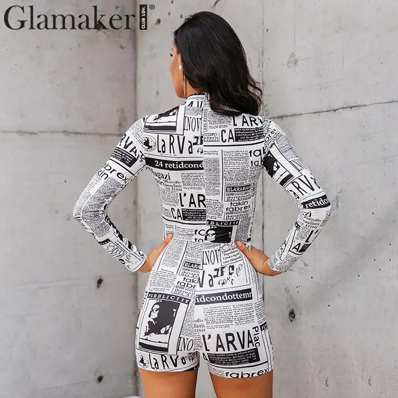 Glamaker газетный принт круглый вырез сексуальный короткий комбинезон с длинным рукавом облегающий вязаный женский комбинезон осенний зимний элегантный комбинезон