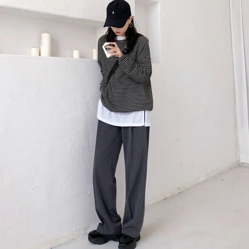 

Pullovers Women Korean Fashion Loose Stripped All-match Chic Fall Simple Streetwear Casual New Harajuku Ins Hot Sale Elegant New