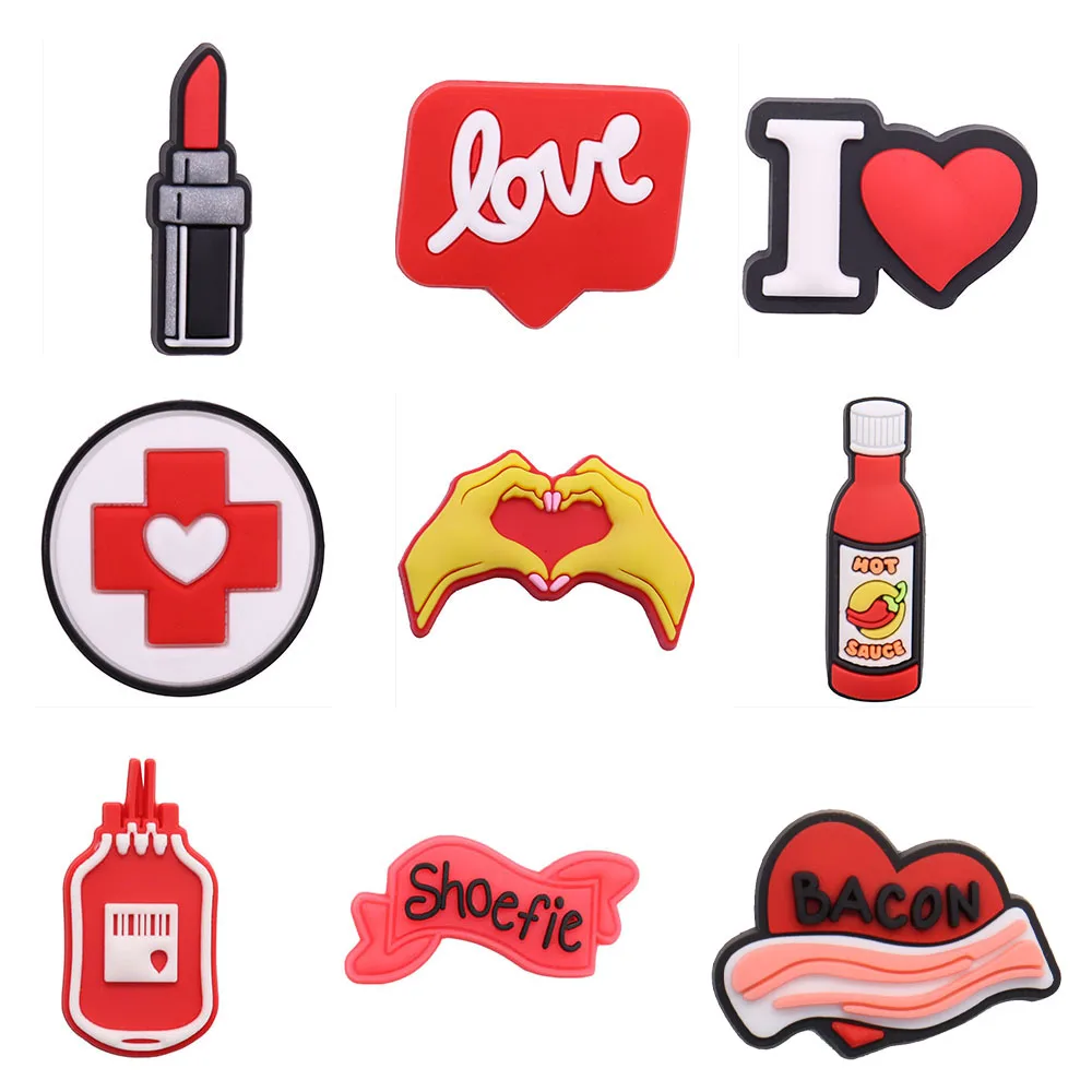 

Good Quality 1pcs Red Cross PVC Shoe Charms Love Heart Lipstick Accessories Kids Shoe Ornament Fit Croc Jibz DIY Party Gift